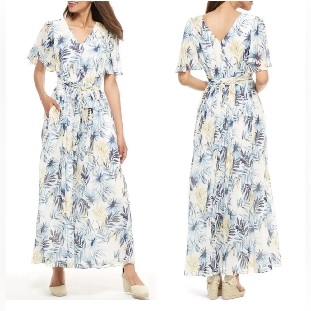 Gal Meets Glam Collection Kiki Leaf Print Chiffon Maxi Dress Size 12 US